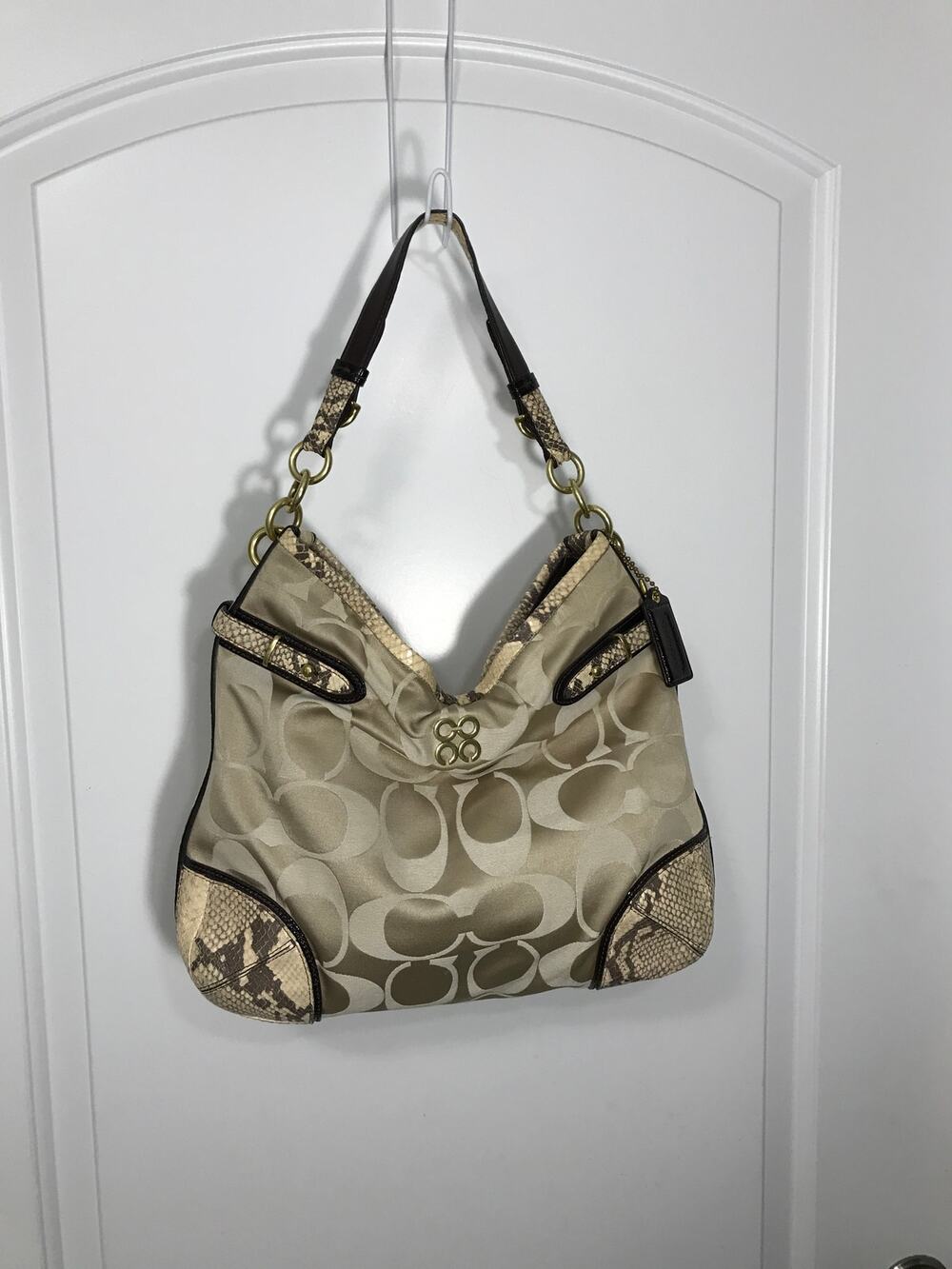 Coach Colette Beige Signature Sateen and Snakeskin Trim Hobo  Shoulder Bag  EUC